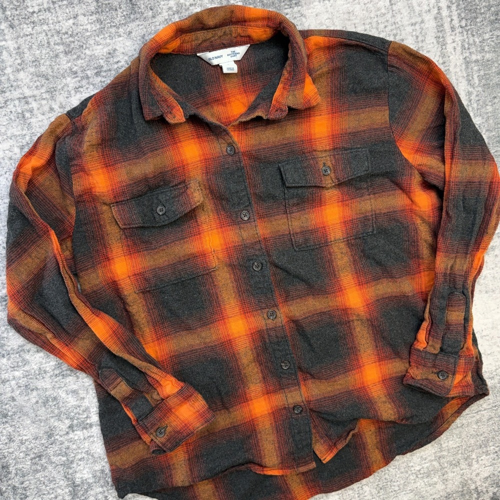 Old Navy Boyfriend Shirt Small Orange Black‎ Tunic Flannel Taylor Swift Evermore